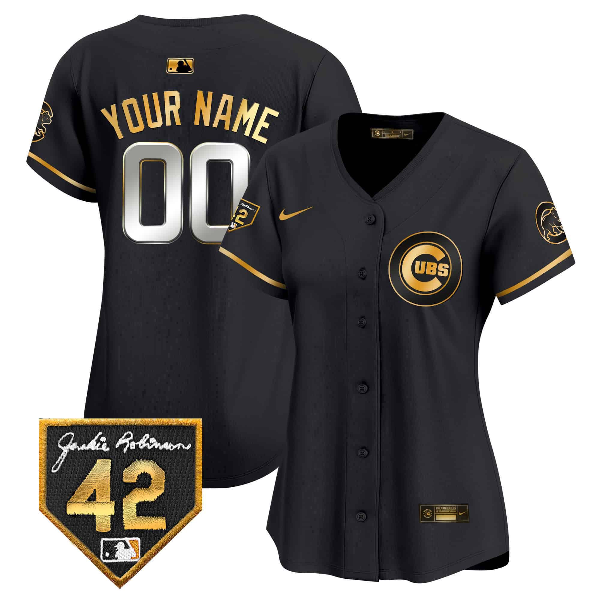 Women Chicago Cubs Black Nike 2024 Jackie Robinson Patch Vapor Premier Limited Custom MLB Jersey->->